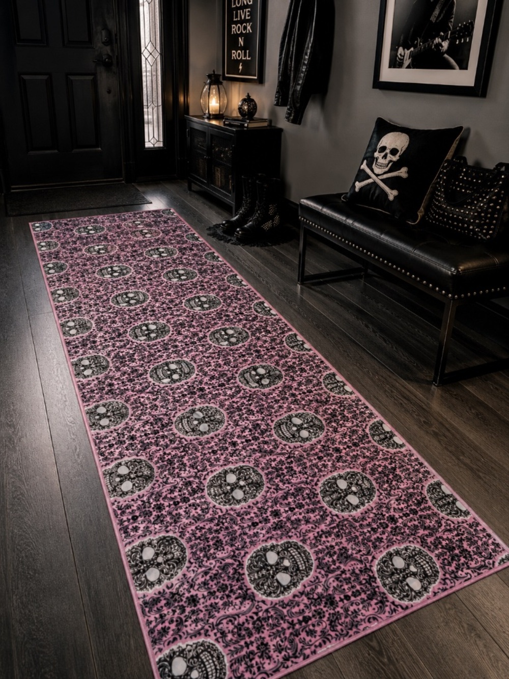 Betsey Johnson Pink Skull Accent Runner Rug 24x60 Gothic Halloween Washable